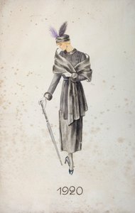 Modelka w płaszczu i czapce z piórami, trzymająca parasolkę, 1920 autorstwa Unknown