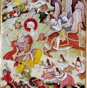 Shiv niszczy demona Andhakę, Manuskrypt Harivamsy, Mogołów, S1590 autorstwa Unknown