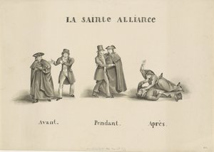 Karykatura sojuszu zawartego między rzymską partią duchowną a partią liberalną przeciwko rządowi holenderskiemu, 1828 La Sainte Alliance (tytuł na obiekcie) autorstwa Unknown