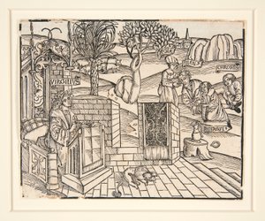 Pasterze Chromis i Mnasyle wiążą śpiącą Silenus. 1502. Z ilustrowanej publikacji Wergiliusza autorstwa Unknown