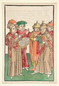 Spór trzech chrześcijan i trzech żydowskich uczonych, ilustracja z Der Seelen-Wurzgarten autorstwa Unknown