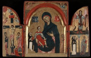Tryptyk: Dziewica z Dzieciątkiem ze świętymi Dominikiem i Franciszkiem; Ukrzyżowanie; Święty Michał ze świętymi Piotrem Męczennikiem i Katarzyną Aleksandryjską autorstwa Unknown