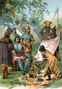 1518 - 1519: Fernand Cortez wyjechał na podbój Meksyku otrzymuje prezenty od cesarza Montezumy. autorstwa Unknown artist