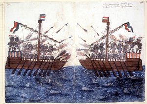 Grawerunek z XVI wieku przedstawiający spotkanie z pirackim statkiem na Oceanie Indyjskim. Rzym biblioteca Casantense. autorstwa Unknown artist