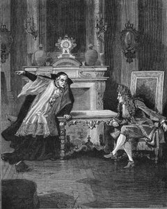 1715: król Francji Ludwik XIV (1638-1715) wysłuchujący słów ojca Michela Le Tellier (1643-1719), swego spowiednika jezuitów. Rycina XIX wieku. W „Histoire de France” Julesa Micheleta autorstwa Unknown artist