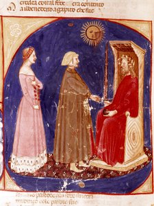 Drugie niebo: Dante i Beatrice mierzą się z rzymskim cesarzem Justynianem w pierwszym raju. Podświetlana strona ilustrująca pieśń Paradise z „Divina Commedia” Dante Alighieri (1265-1321). XIV wiek, Wenecja, Biblioteca Marciana autorstwa Unknown artist