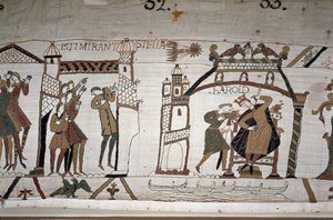 32: Pojawienie się komety; 33: Posłaniec ostrzega króla Harolda II (1022 - 1066) - gobelin z Bayeux, znany jako haft królowej Matyldy autorstwa Unknown artist