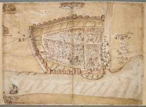 Przedstawienie miasta Hull z XVI wieku. Ta mapa pokazuje miasto Hull, położone w miejscu, gdzie rzeka Hull wpada do ujścia rzeki Humber. Jest to jeden z serii planów sporządzonych w celu ukazania stanu obrony wybrzeża pod koniec około 153 r. autorstwa Unknown artist