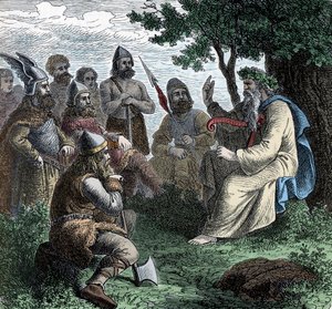 Bard recytujący ludziom północy - Viking Civilization: Bard Druid recytujący poezję wojownikom, VIII-IX w. autorstwa Unknown artist