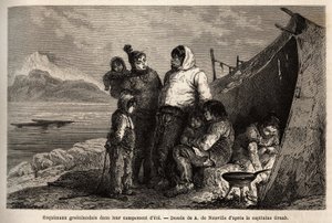 Rodzina grenlandzkich Inuitów na letnim obozie skórek. Grawer ilustrujący wyprawę na wolne morze bieguna arktycznego, autorstwa doktora Hayesa, chirurga Marynarki Wojennej Stanów Zjednoczonych, w latach 1860-1862, opublikowany w „Le tour du monde, nouveau  autorstwa Unknown artist