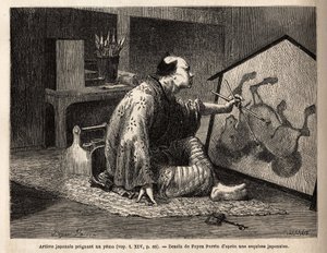 Japoński artysta malujący yema (legendarne malowanie koni). Rycina ilustrująca podróż do Japonii w latach 1863-1864 autorstwa Aime Humberta, ministra Konfederacji Szwajcarskiej, w „Le tour du monde, nouveau journal des voyages”” wydanej pod autorstwa Unknown artist