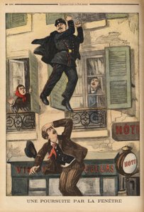 Policjant z Montreuil nie waha się rzucić się przez okno, by ścigać włamywacza, który właśnie skoczył, by uciec swoim prześladowcom. Grawer w „”Le petit journal”” 17.12.1899. Kolekcja Selva. autorstwa Unknown artist