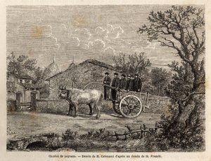 Sieneński wóz chłopów ma dwa koła do transportu beczek z winem, ciągniętych przez parę małych białych wołów. Rycina ilustrująca podróż do Sieny (Włochy) w 1865 r. w „”Le tour du monde, nouveau journal des voyages”” wydanej pod reż. autorstwa Unknown artist