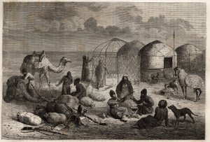 W obozie Turkmenów na pograniczu Turkiestanu i Persji, każdy namiot, zbudowany z drewnianych krat i pokryty filcem, mieści rodzinę. Grawer ilustrujący historię Henri de Blocqueville „14 mois de captivite chez les turcomans” między 1860 a autorstwa Unknown artist