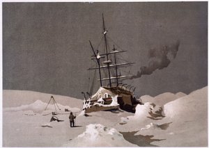 Łódka uwięziona w lodzie - w „Wybrzeżu morza polarnego, narracja ekspedycji arktycznej”, dr Edward Moos, Marcus Nard & Co, Londyn autorstwa Unknown artist