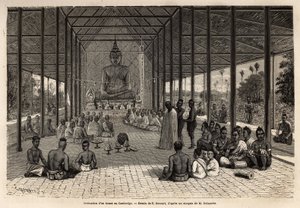 Ceremonia święceń bonze w świątyni w pobliżu Angkoru w Kambodży. Rycina ilustrująca podróż eksploracyjną w Indochinach, autorstwa Francisa Garniera, porucznika de Vaissseau, w latach 1866-1868, opublikowana w „Le tour du monde”” 1870-1871, pod redakcją autorstwa Unknown artist