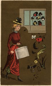 Mieszczanka niosąca puzderko na kapelusze, chromolitografia anonimowa, koniec XIX w. autorstwa Unknown artist