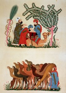 Karawana w ruchu. Ilustracja z XIII wieku „Maqamat” (Seanse) autorstwa Abu Mohammeda al-Kasima ibn Ali Hariri (albo Al-Hariri lub Al Hariri) (1054-1122) w „”Sztuce arabskiej”” z pomników w Kairze od VII wieku do XVIII wieku autorstwa P autorstwa Unknown artist