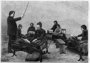 Koncert monokordów wykonywanych przez młode dziewczyny. Grawerowanie w „” Naturze. Przegląd nauki i jej zastosowań w sztuce i przemyśle. autorstwa Unknown artist