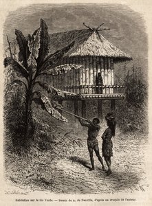 Para Indian z Rio Verde (Brazylia) mężczyzna z sarbakanem przed typowym domem na palach. Rycina ilustrująca podróż do Nowej Granady, autorstwa dr Saffray, w 1869, opublikowana w „” Le tour du monde””” 1873, pod redakcją Edouarda Chartona, e autorstwa Unknown artist