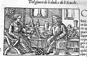 Para gra w kości. Rycina według „Historia de gentis septemtrionalis” Olausa Magnusa, Rzym 1560. autorstwa Unknown artist