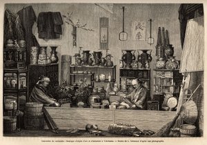 Biznes osobliwości w Jokohamie. Rycina ilustrująca podróż do Japonii Aime Humberta, ministra Konfederacji Szwajcarskiej, w latach 1863-1864, opublikowana w „Le tour du monde”” 1869, pod redakcją Edouarda Chartona, wyd. Hachette, Paryż. Selva Collect autorstwa Unknown artist