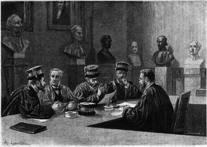 Ich obrona ze szkoły medycznej Dzielnicy Łacińskiej w Paryżu. Grawerowanie w „Le journal de la jeunesse”” autorstwa Unknown artist