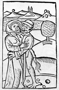 Demon całuje wiedźmę. XVI-wieczna niemiecka ksylografia autorstwa Unknown artist