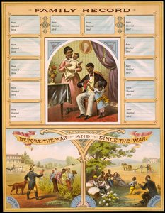 Diagram przedstawiający dwie farmy porównujące niewolnictwo i wolność. Wysoka część zarezerwowana na utrwalanie rodzinnych rocznic. Grawerowanie v. 1880. autorstwa Unknown artist