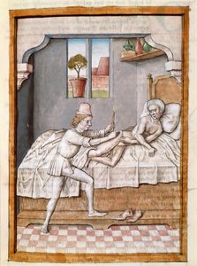 Lekarz leczy miniaturowego pacjenta z niemieckiego tłumaczenia bajek „Kalila (Calila) i Dimna” Bidpaia. (ms. 1389, k. 23) ok. 1480 Chantilly, muzeum Conde autorstwa Unknown artist