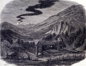 Fantastyczne polowanie (powietrzne lub dzikie) lub Menee (Menee Hellequin) lub Mesnie w Wogezach, nocne tempete, które według popularnych legend objawia się po klątwie lub sabacie czarownic. Rycina XIX wieku autorstwa Unknown artist