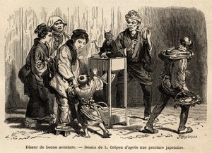 Wróżka na ulicach Edo (obecnie Tokio). Grawer ilustrujący podróż do Japonii Aime Humberta, ministra Konfederacji Szwajcarskiej, w latach 1863-1864, opublikowany w „” le tour du monde””, pod kierunkiem Edouarda Chartona, Hachette, Pari autorstwa Unknown artist
