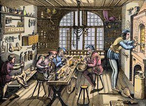 Pracownia złotnicza - Rzemiosło: widok warsztatu autorstwa Etienne Delaune (1518-1583), złotnika, francuskiego drukarza. Grawer wg oryginału z 1576 r. Warsztat Etienne