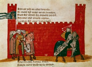 Grupa rycerzy opuszczająca miniaturowy zamek z „”Entree of Spain””. Wenecja z XIV wieku, Biblioteca Marciana autorstwa Unknown artist