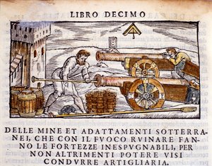 Strzelec ładujący broń materiałami wybuchowymi. Rycina z dojenia hutniczego „De la Pyrotechnia” (lub Pirotechnia) autorstwa Vannoccio Biringuccio (1480-1539) 1550. autorstwa Unknown artist