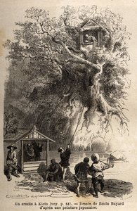 Pustelnik w Kioto (lub Kioto), izoluje się w chacie wtulonej w gałęzie drzewa, na małej wyspie, pustelnik może liczyć tylko na hojność mieszkańców regionu, którzy dostarczają mu pożywienia; naprzeciwko jego drzewa mały pawilon wita v autorstwa Unknown artist