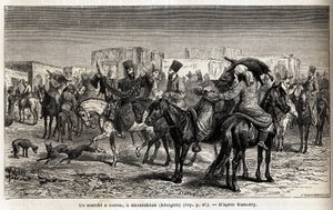 Spacer konny w Shurakhan (Kirgistan lub Kirgistan). Rysunek Emile Bayard (1837-1891), ilustrujący podróż do Azji Środkowej w 1863 roku, autorstwa Arminiusa Vambery