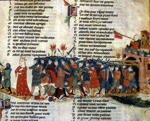 Król zostaje wzięty do niewoli i zabrany przez armię wroga, podczas gdy ofiary bitwy leżą na ziemi. Miniatura „Roman de Troy” autorstwa Benoit de Saint Maure. XIV-wieczna Biblioteca Marciana, Wenecja autorstwa Unknown artist