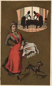 Pralka przewożąca pranie w koszu. Anonimowa chromolitografia, koniec XIX wieku. autorstwa Unknown artist
