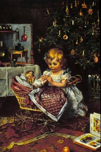 Mała dziewczynka odkrywa lalkę i wózek pod choinką. 19 wiek autorstwa Unknown artist