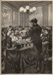 Magik używający pudełka z gałką muszkatołową, aby kula pojawiała się i znikała. Grawer z 1885 roku w „Les arts et metiers illustres” Adolphe BITARD. autorstwa Unknown artist