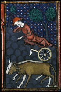 Odpoczywający chłop, obok woły i miniaturowy pług z XIV wieku. autorstwa Unknown artist