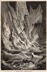 Niedźwiedź polarny wywodzi się z góry lodowej, po rozpadzie bryły lodu ze Spitzbergu, archipelagu Oceanu Arktycznego, rys. V.Foulquier, ilustrujący Spitzberg w latach 1838-1839, autorstwa Charlesa Martinsa. Grawer w „”Le tour du monde””, pod redakcją autorstwa Unknown artist