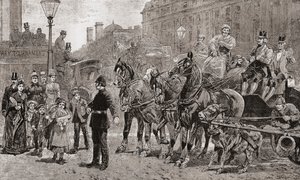Policjant zatrzymuje ruch na ruchliwym skrzyżowaniu, aby umożliwić pieszym przejście na drugą stronę ulicy, Londyn, Anglia autorstwa Unknown artist