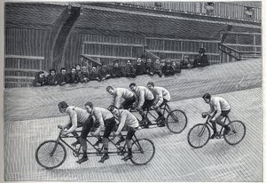 Rowerzysta rekordzista ze swoimi trenerami na trójkach na torze rowerowym. Grawerowanie w „”La Nature”” autorstwa Unknown artist