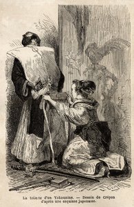 Toaleta samuraja, młoda pokojówka pomaga jej zawiązać kimono. Grawer ilustrujący wyprawę do Japonii w latach 1863-1864 autorstwa Aime Humberta, ministra Konfederacji Szwajcarskiej, w „Le tour du monde, nouveau journal des voyages”” wydawanym pod kierunkiem autorstwa Unknown artist
