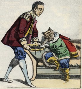Sługa podaje kotu buty, tacę na myszy. Ilustracja do bajki „Kot botte” Charlesa Perrault autorstwa Unknown artist