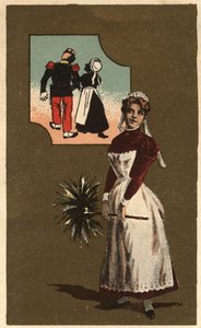 Sługa z piórkiem. Marzyła o ramieniu przystojnego żołnierza. Anonimowa chromolitografia, koniec XIX wieku. autorstwa Unknown artist