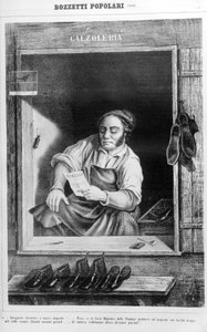 Szewc w XIX wieku: jeśli nałożymy zbyt wysokie podatki na obcasy, ilu wysokich mężczyzn stanie się drobniejsze... autorstwa Unknown artist