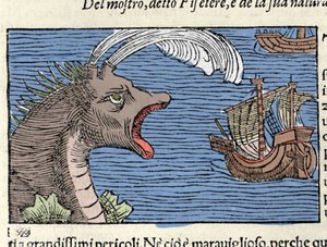 Kaszalot (?) (physeter) atakuje statek. Grawer Olausa Magnusa (1490 - 1557), szwedzkiego zakonnika i geografa, „Historia de Gentis Septentrionalibus”, Wenecja autorstwa Unknown artist